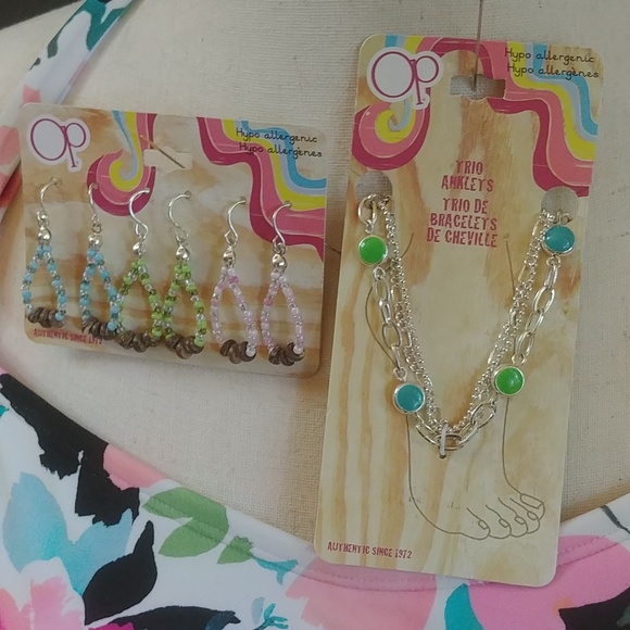 NWT OP Trio of Anklets and Trio of Beaded Earrings Boho - Picture 2 of 8